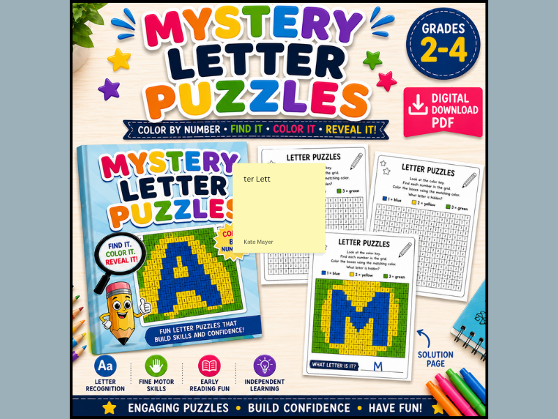 Mystery Letter Puzzles Printable PDF for Kids Grades 2-4, Color by Number Alphabet Worksheets
