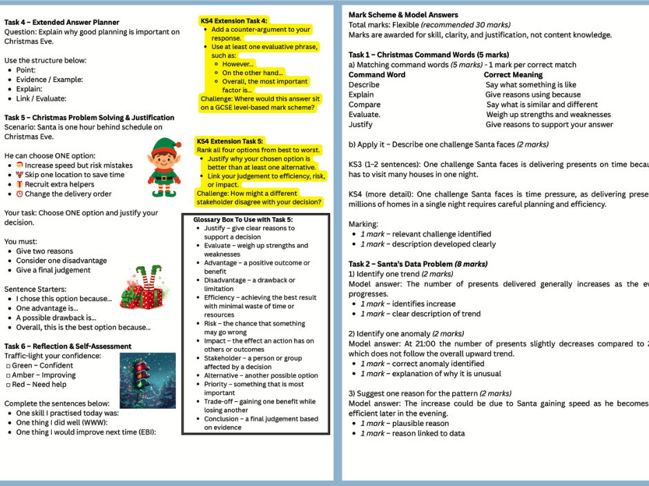 Cross Curricular Christmas Challenge/KS3/KS4/Exam Skills/Literacy/Evaluation/Justification/Data