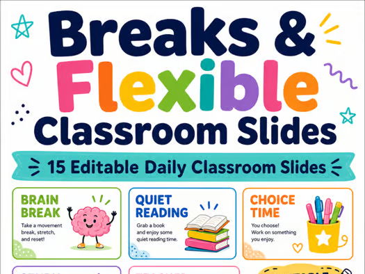 15 Breaks & Flexible Classroom | Editable Daily Classroom templates slides