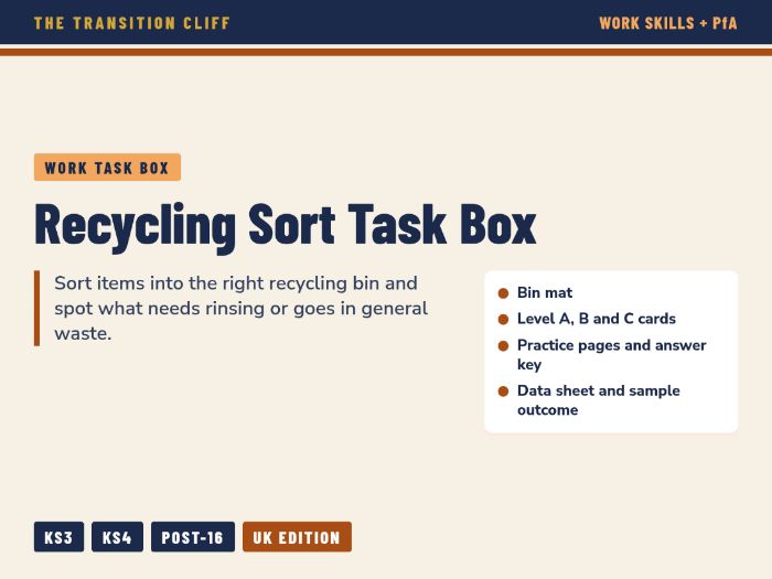 Recycling Sort Task Box: Paper, Plastic, Glass, Food and General Waste for SEND Work Skills