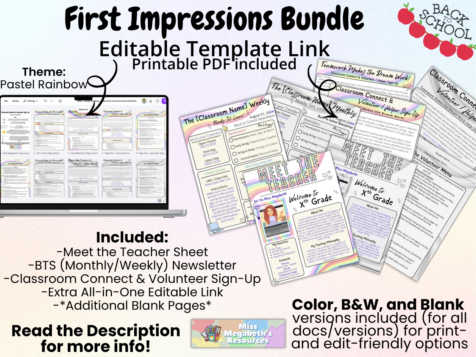 First Impressions Classroom Bundle (Pastel Rainbow) | Editable Meet the Teacher, Back to School Newsletter & Volunteer Forms | Canva + PDF