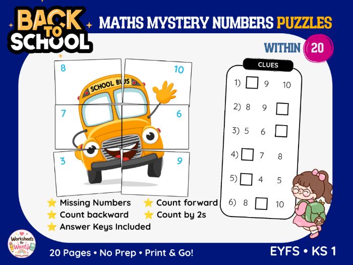 Back to School Maths Mystery Number Puzzles | Missing Numbers and Counting Within 20