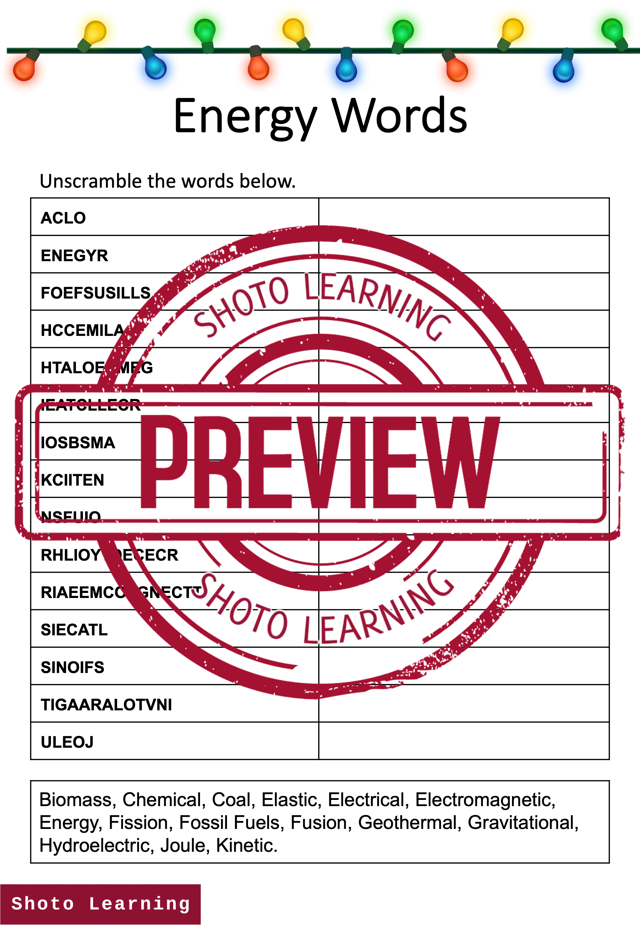 ENERGY WORDS SCIENCE ACTIVITY SCRAMBLE WORDS UNSCRAMBLE VOCABULARY