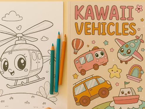 Printable Kawaii Vehicles Coloring Book | 40 Cute & Fun Pages for EYFS & KS1 | Smiling Cars, Trucks