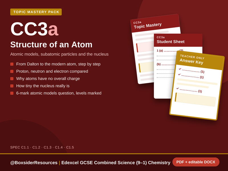 CC3a Structure of an Atom | Edexcel GCSE Combined Science Chemistry Topic Mastery Pack