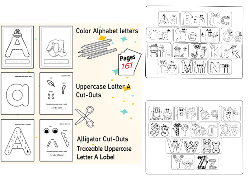 Cut, Paste & Color Alphabet letters Animals - Trace Letters & Words in Dot Format (A–Z-a-z)