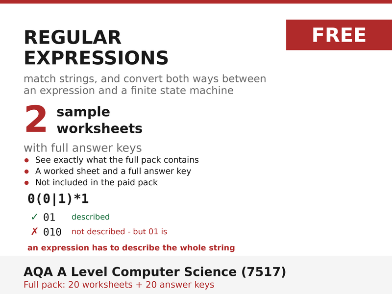 FREE Regular Expressions Sample | AQA A Level Computer Science 7517 | 2 Worksheets + Answers