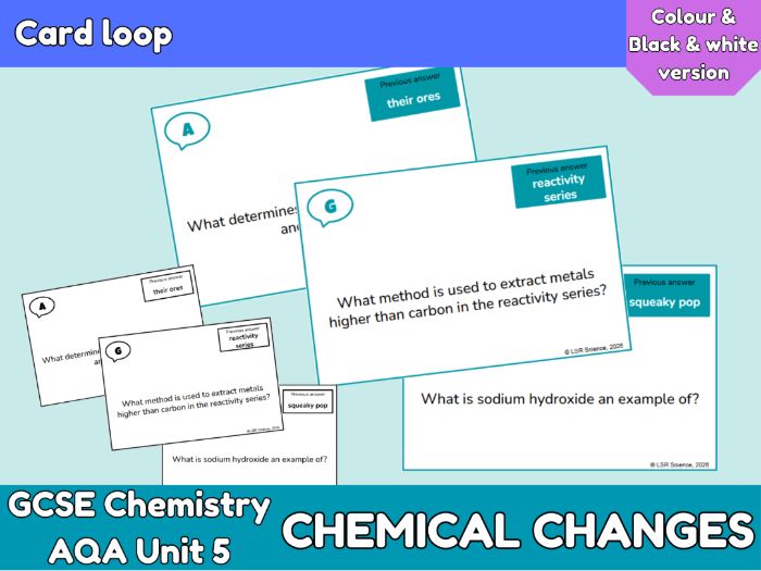 Chemical changes Card loop revision game | AQA GCSE Chemistry Unit 5 Review and Revision Activity