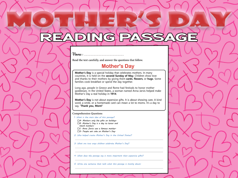 Mother’s Day Reading Passage – Grades 2–3 Comprehension Activity