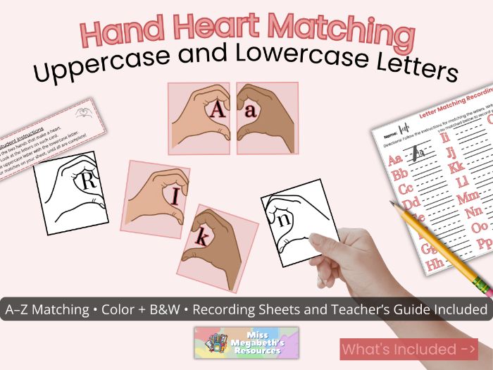 Hand Heart Matching: Uppercase and Lowercase Letters | Hands-on | Printable | Leveled | Seasonal