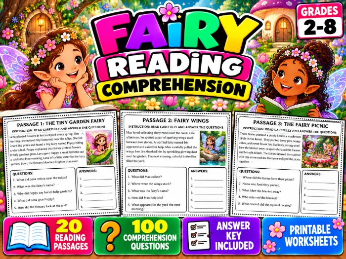 Fairy Day Reading Comprehension | 20 Passages & 100 Questions | Grades 2–8