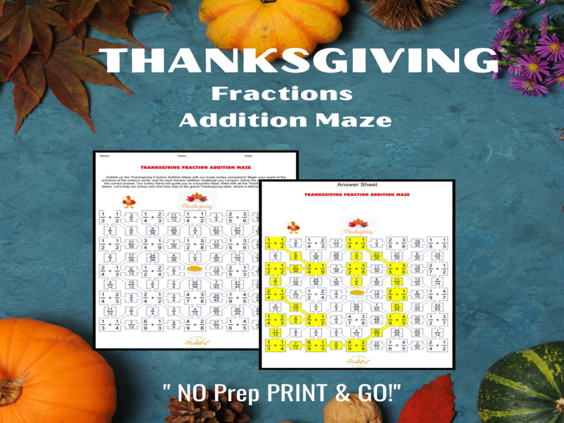 Thanksgiving Fraction Addition Maze No-Prep Math Worksheets Pack of 10 Puzzles
