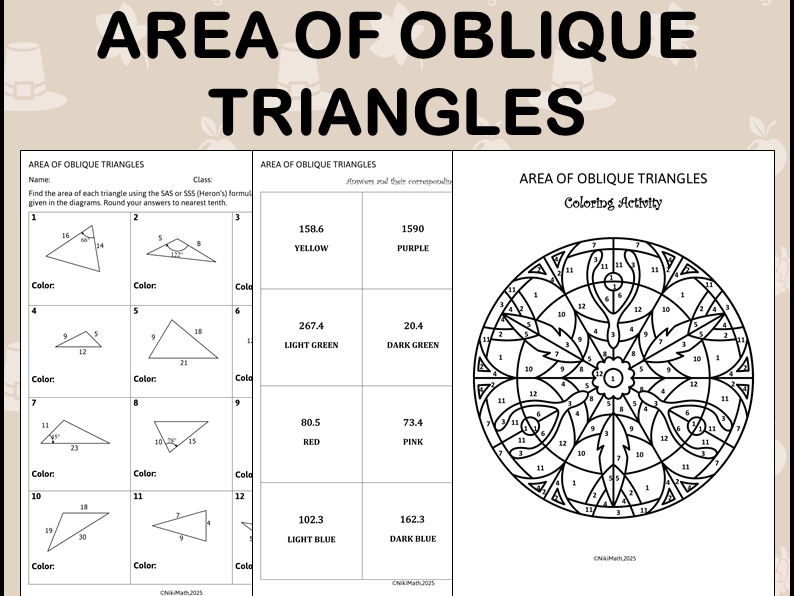 Area of Oblique Triangles - Color by Code (Thanksgiving Themed)