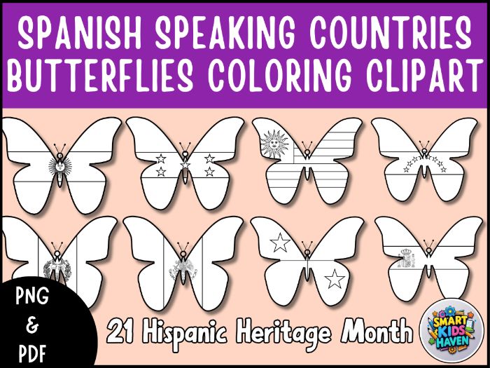 Spanish Speaking Countries Butterfly Flags Coloring Page Clipart Classroom Decor