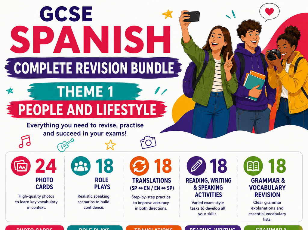 AQA GCSE Spanish Theme 1 - People and Lifestyle - Revision Bundle | Photo Cards, Role Plays, Translations & Grammar
