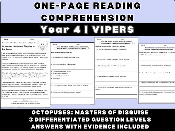 Year 4 Octopus one-page Reading Comprehension | Differentiated Morning Work | 15-Min VIPERS Task