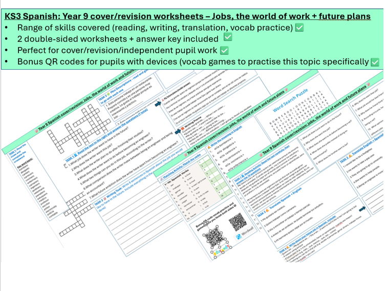 KS3 Spanish - Y9 - jobs + future plans (2 Cover/Revision worksheets)
