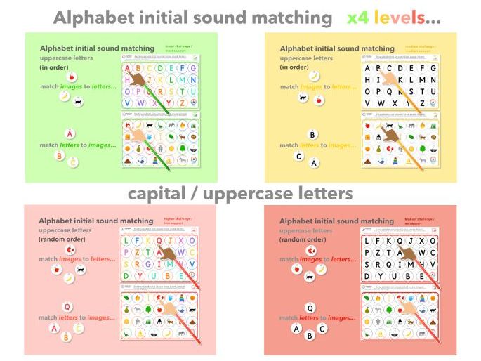 Alphabet Matching Uppercase letters with initial sounds Phonics activity mats