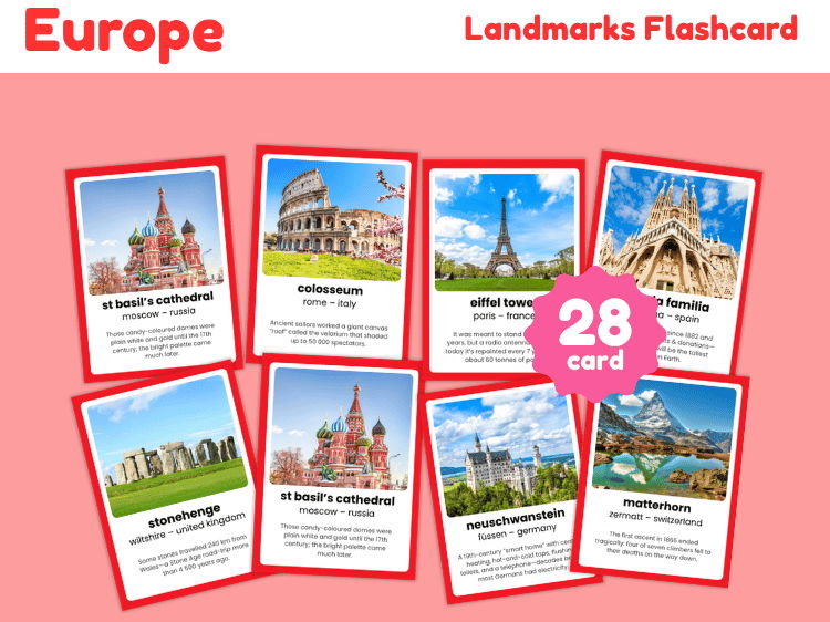 Europe Landmarks Flashcards | 28 Famous Places & Geography Cards