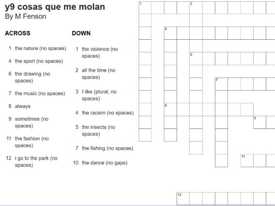 Spanish crossword_Cosas que me molan crossword for vocabulary