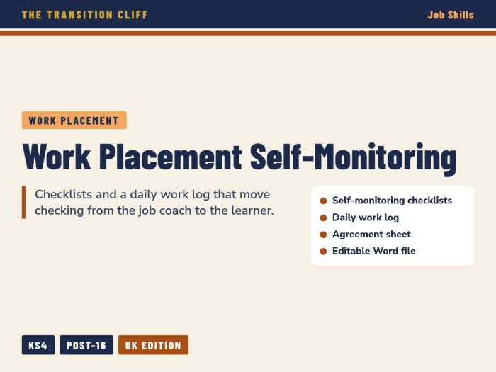 Work Placement Self-Monitoring Checklists + Daily Work Log | SEND KS4 Post-16 (UK)