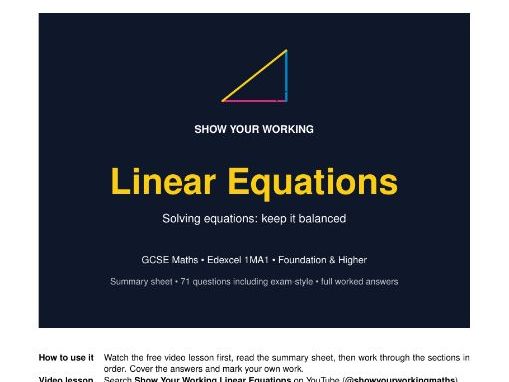 Linear Equations GCSE Maths Revision Pack | Edexcel 1MA1 | Worked Answers