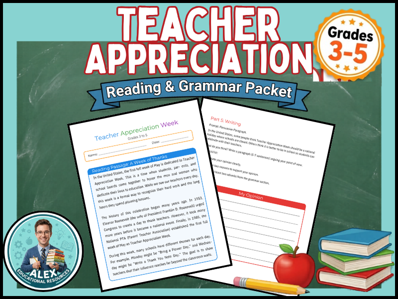 Teacher Appreciation Week ELA Packet | Reading, Grammar & Writing Grades 3-5