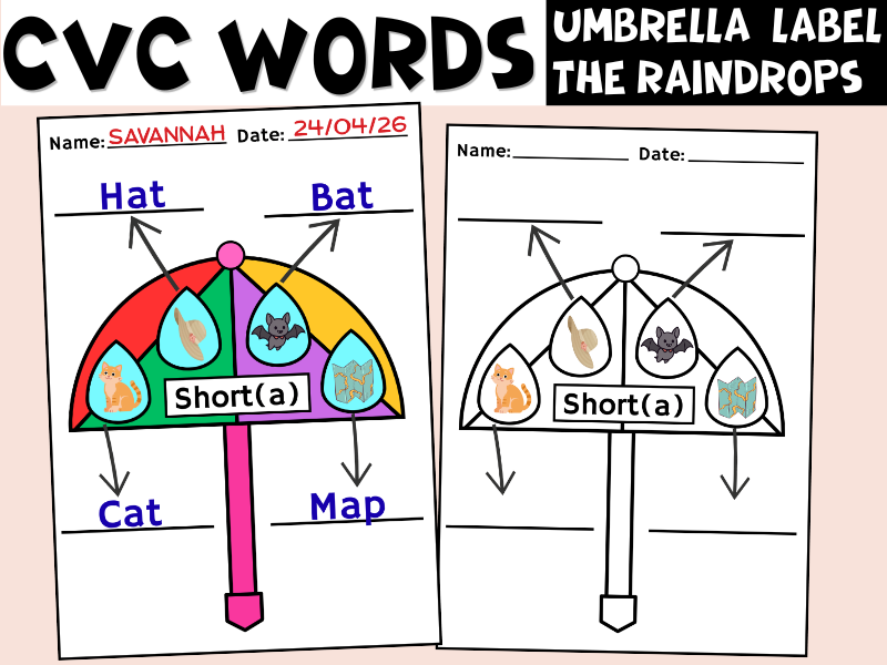 CVC Words Umbrella Spring Craft | Label the Raindrops Short Vowel Phonics Activity