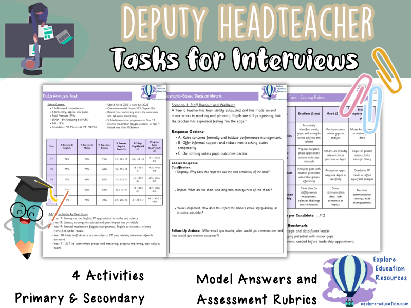 x4 Deputy Headteacher Interview Tasks with Model Answers/Rubric - Assistant Headteacher, SLT