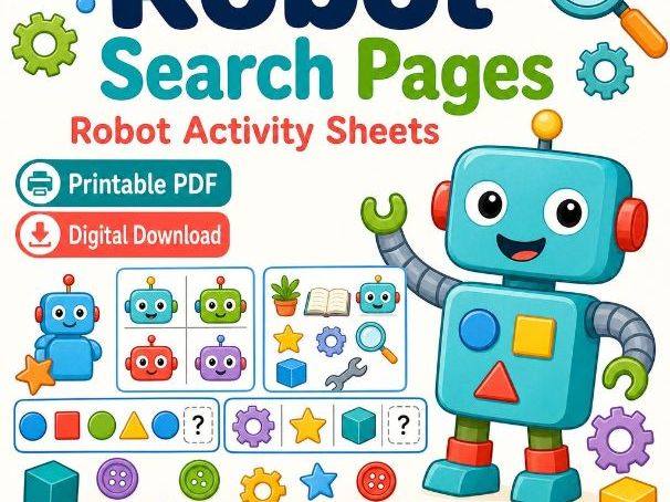 Robot Search Pages | Robot Activity Sheets | Printable PDF | Digital Download