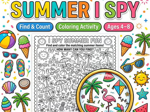 Summer I Spy Coloring Pages: Find and Count Summer Math Activities End of year