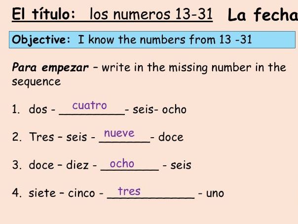 Spanish numbers 13-31 Y7 Spanish 1 lesson