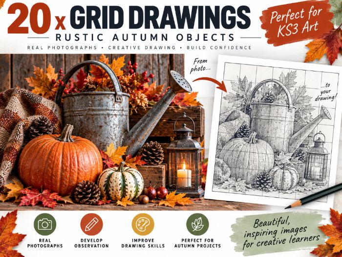 20 Rustic Autumn Objects Grid Drawing Worksheets | KS3 Art | 6×6 Drawing Activities