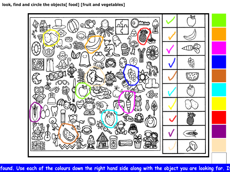 look, find and circle the objects [food] [fruit and vegetables]