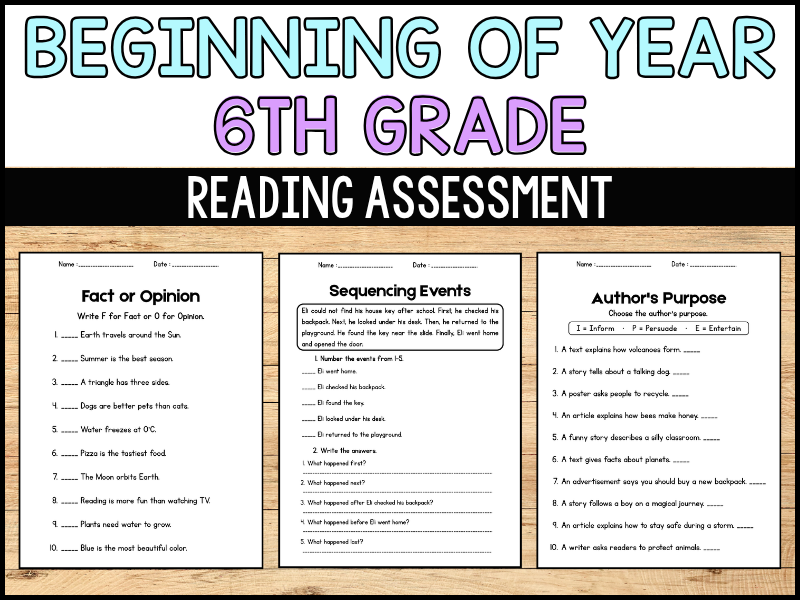 6th Grade beginning of the year Reading assessment | No prep ELA activities 6th Grade beginning of