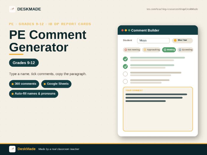 PE Comment Generator | Grades 9-12 | IB DP Report Cards