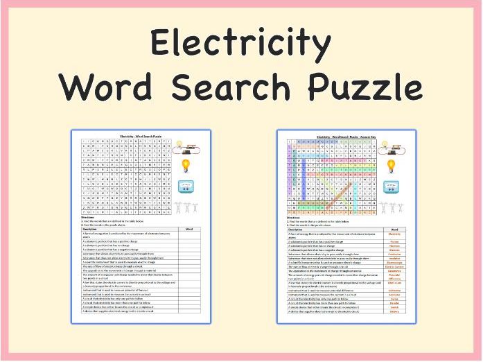 Electricity - Word Search Puzzle Worksheet Activity, Printable PDF