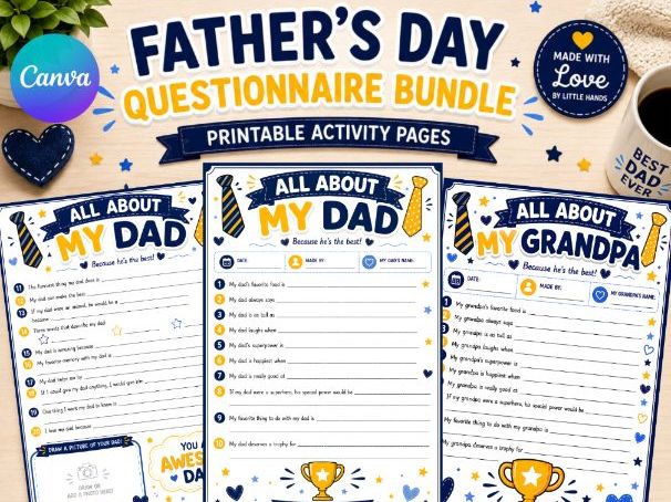 Father's Day Questionnaire & Greeting Card Bundle | All About My Dad, Daddy & Grandpa |