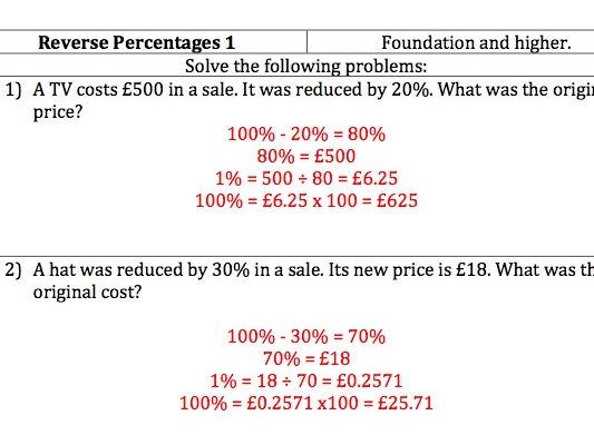 GCSE Maths - Reverse Percentages - 20 Questions and worked Answers.