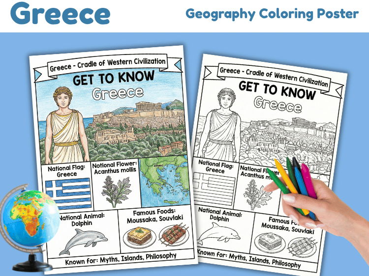 Greece Geography Coloring Poster | Country Facts Activity