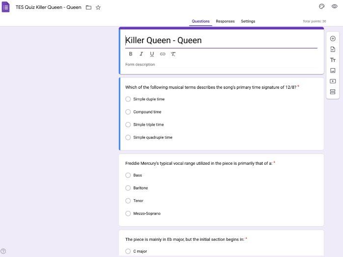 Google Form Quiz Edexcel GCSE Killer Queen - Queen