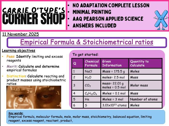 Empirical formula and Stoichiometric ratios - AAQ Pearson Applied Science