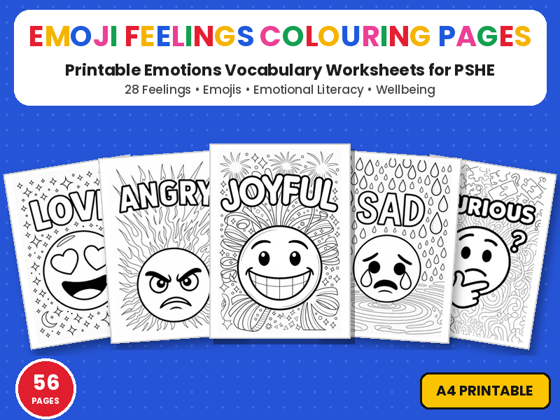 Emoji Feelings Colouring Pages | 28 Emotion Words | Printable Colouring Page Worksheets PSHE