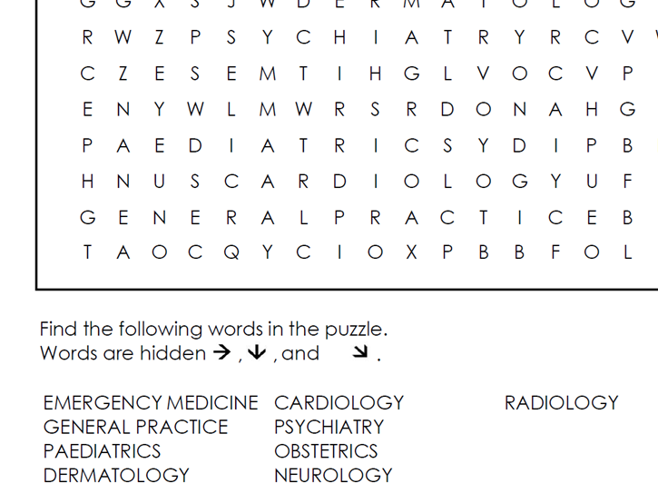 Types of Doctor Wordsearch