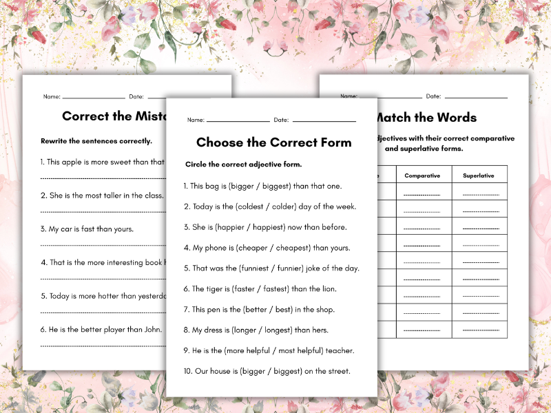 Adjectives Worksheets | Comparative and Superlative Adjectives