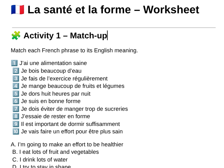 KS4 FR La santé et la forme