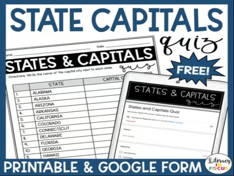 State Capitals Quiz | 50 States & Capitals Printable and Google Forms Quiz
