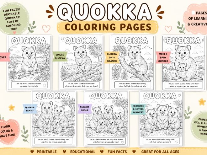 Quokka Coloring Pages for Kids | Cute Animal Coloring Pack with Fun Facts