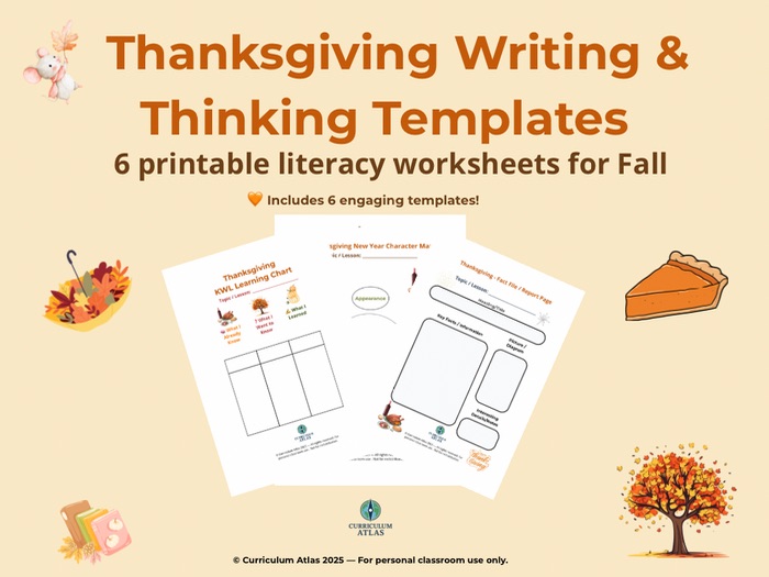 Thanksgiving Writing & Thinking Templates — 6 Printable Literacy Worksheets for November