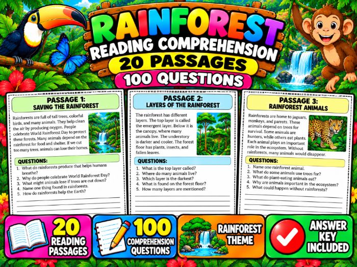 Rainforest Reading Comprehension | 20 Passages, 100 Questions & Answer Key